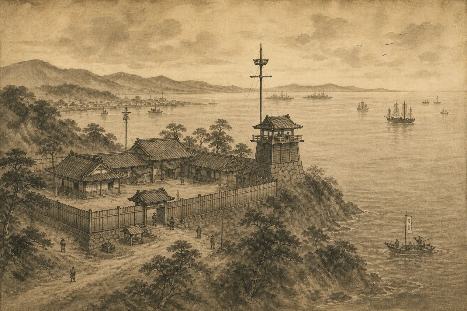 海の関所を台帳と観察で動かすをイメージした墨絵
