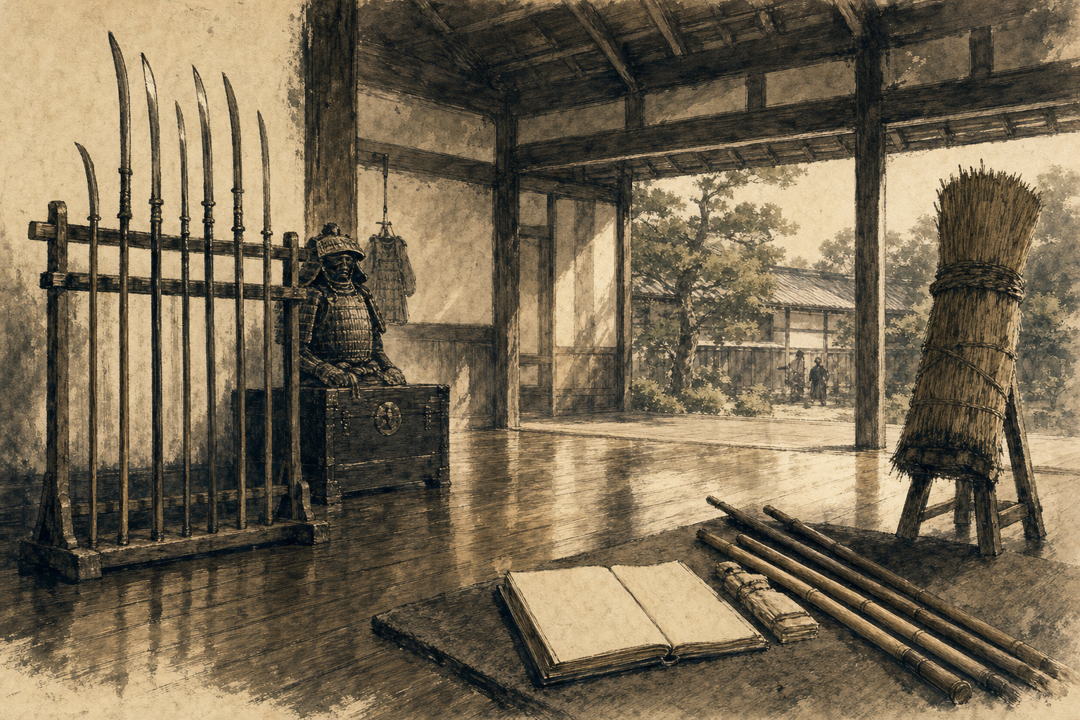 薙刀を一人の象徴でなく反復稽古の道具として見るをイメージした墨絵