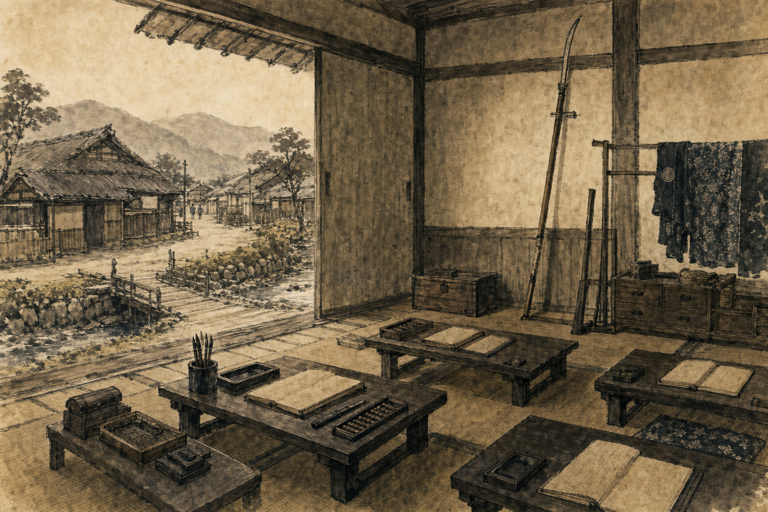 教える部屋で文と武を次の世代へ渡すをイメージした墨絵
