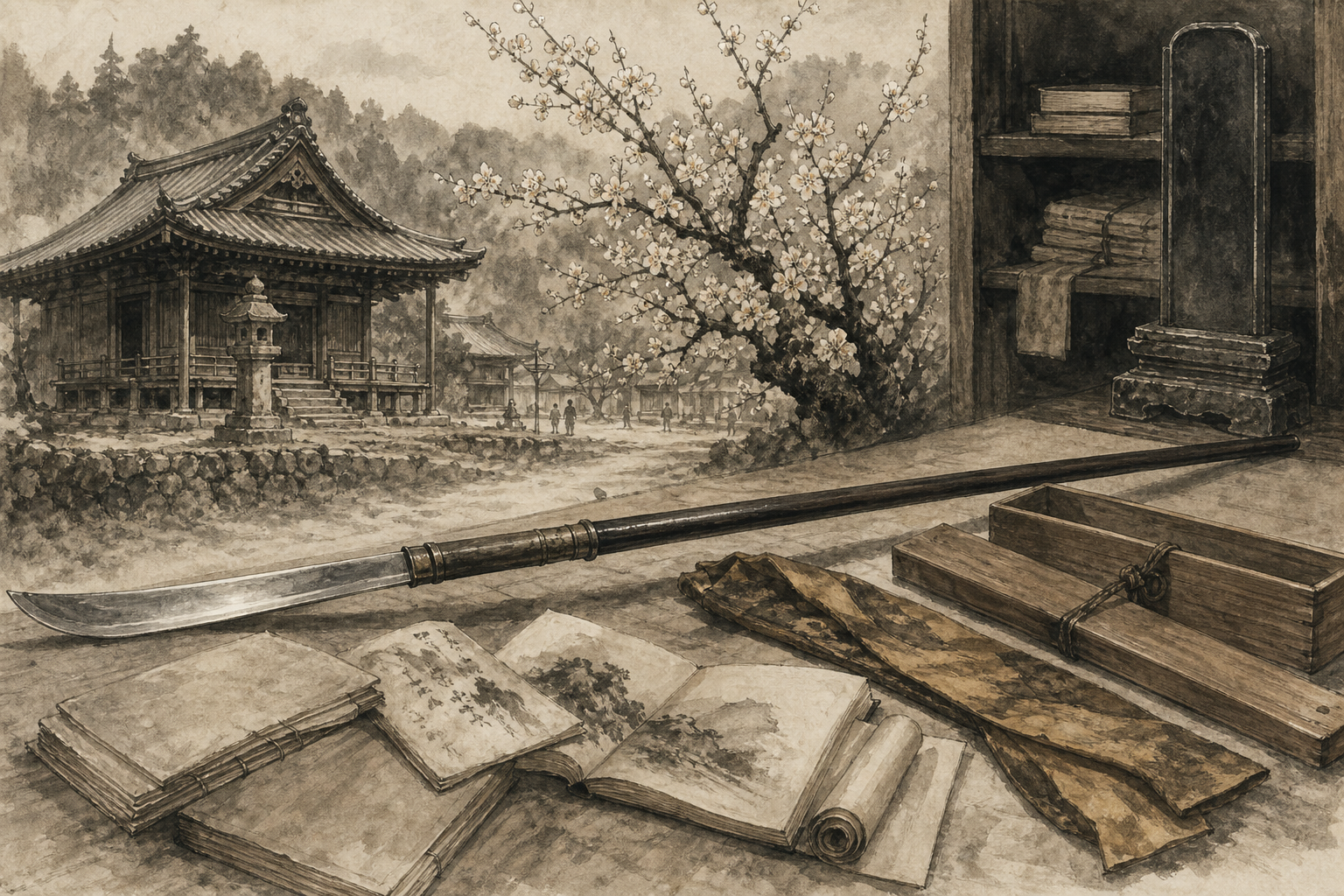 寺の遺物が武器の寸法と書き手の手を同時に残すをイメージした墨絵