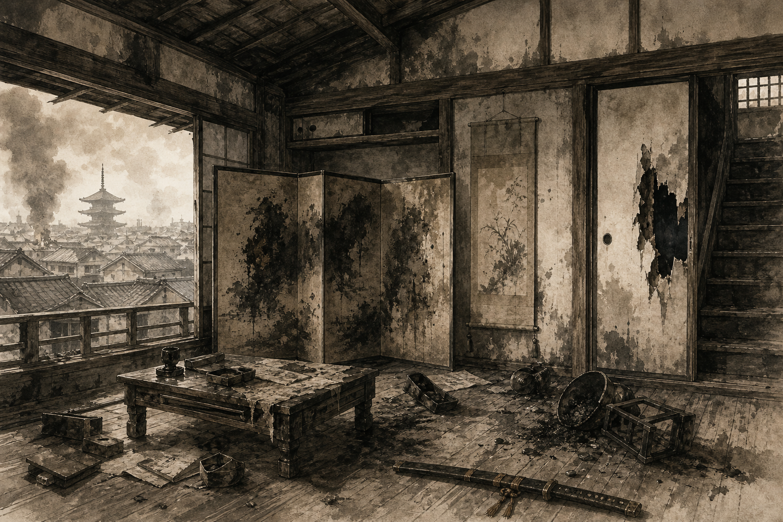 暗殺を犯人像でなく部屋に残った物証から見るをイメージした墨絵