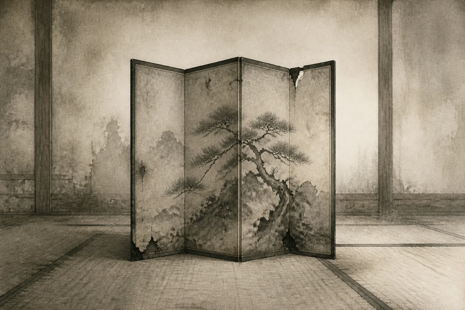 暗殺を犯人像でなく部屋に残った物証から見るをイメージした墨絵