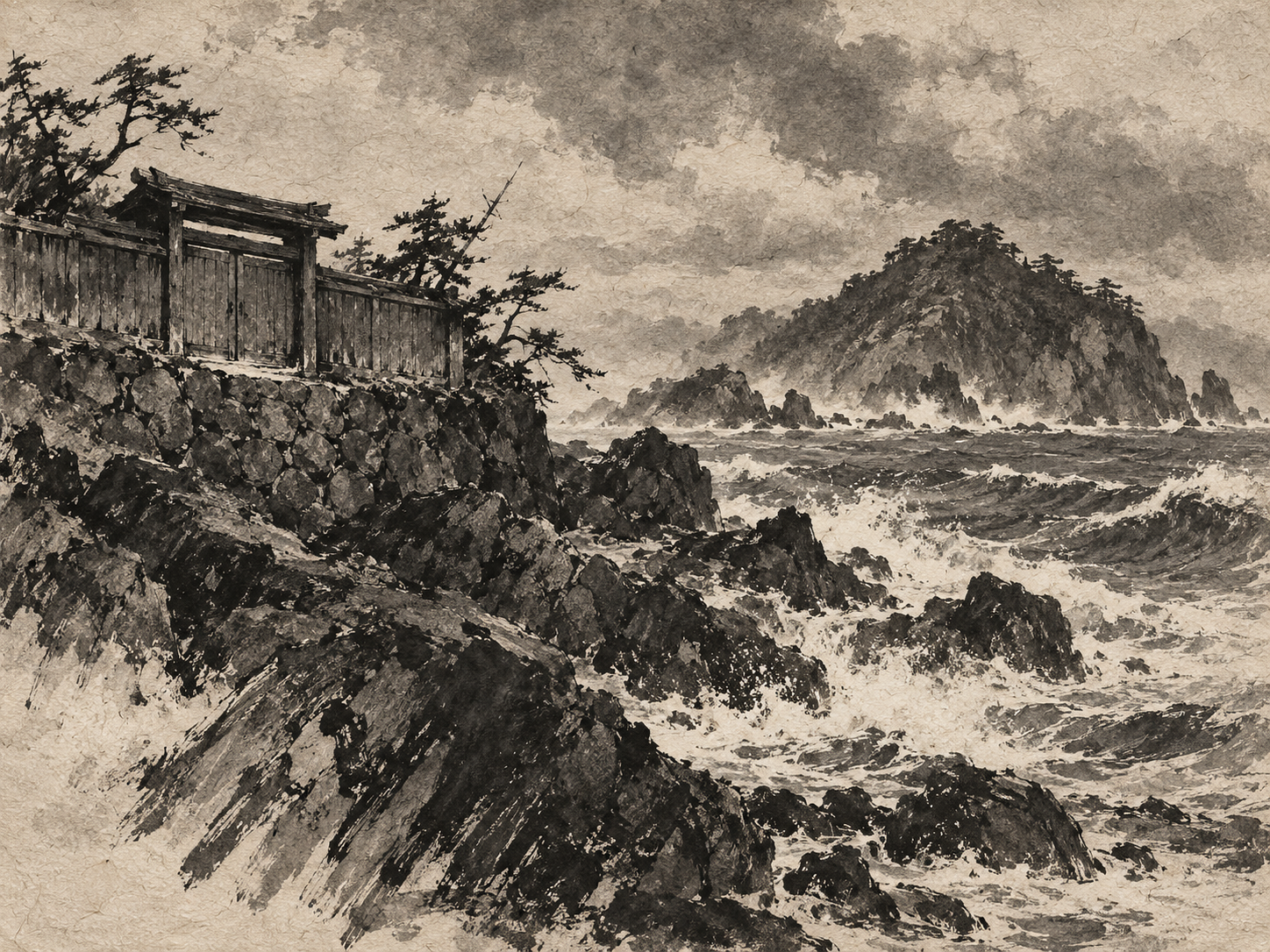 Exile was built from sea, weather, and surveillance. ink painting