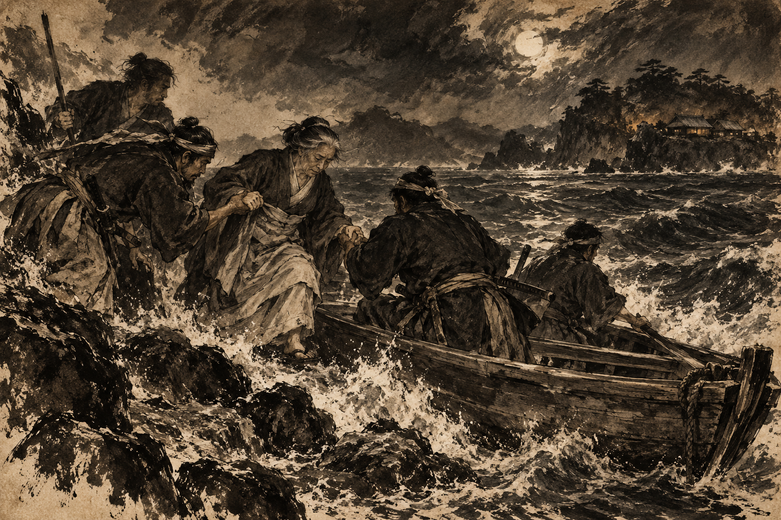 Leaving Himeshima by Night Boat ink painting