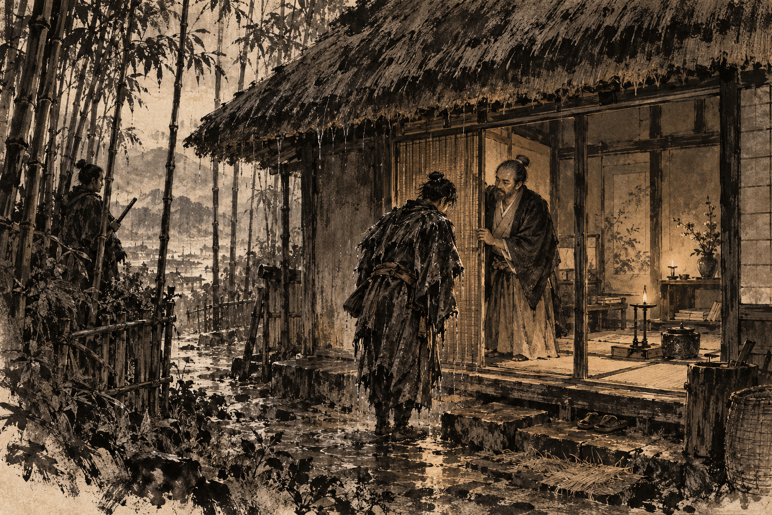 Receiving a Fugitive at Hirao Sanso ink painting