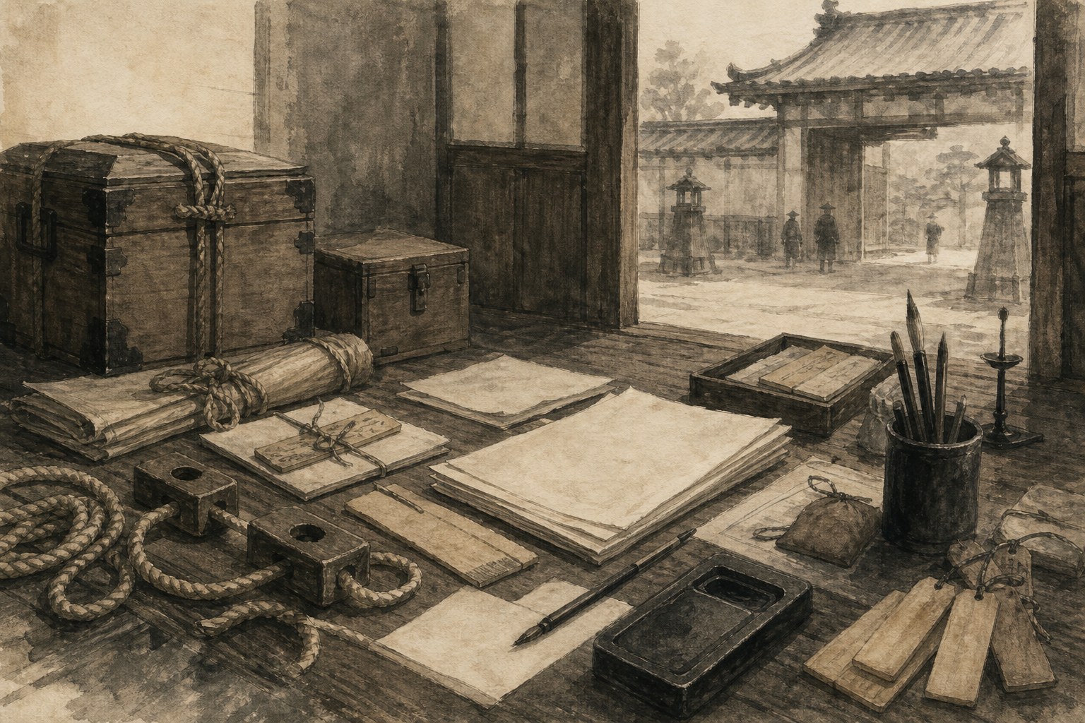 供述は拘禁と筆録の机で文書へ作り替えられるをイメージした墨絵