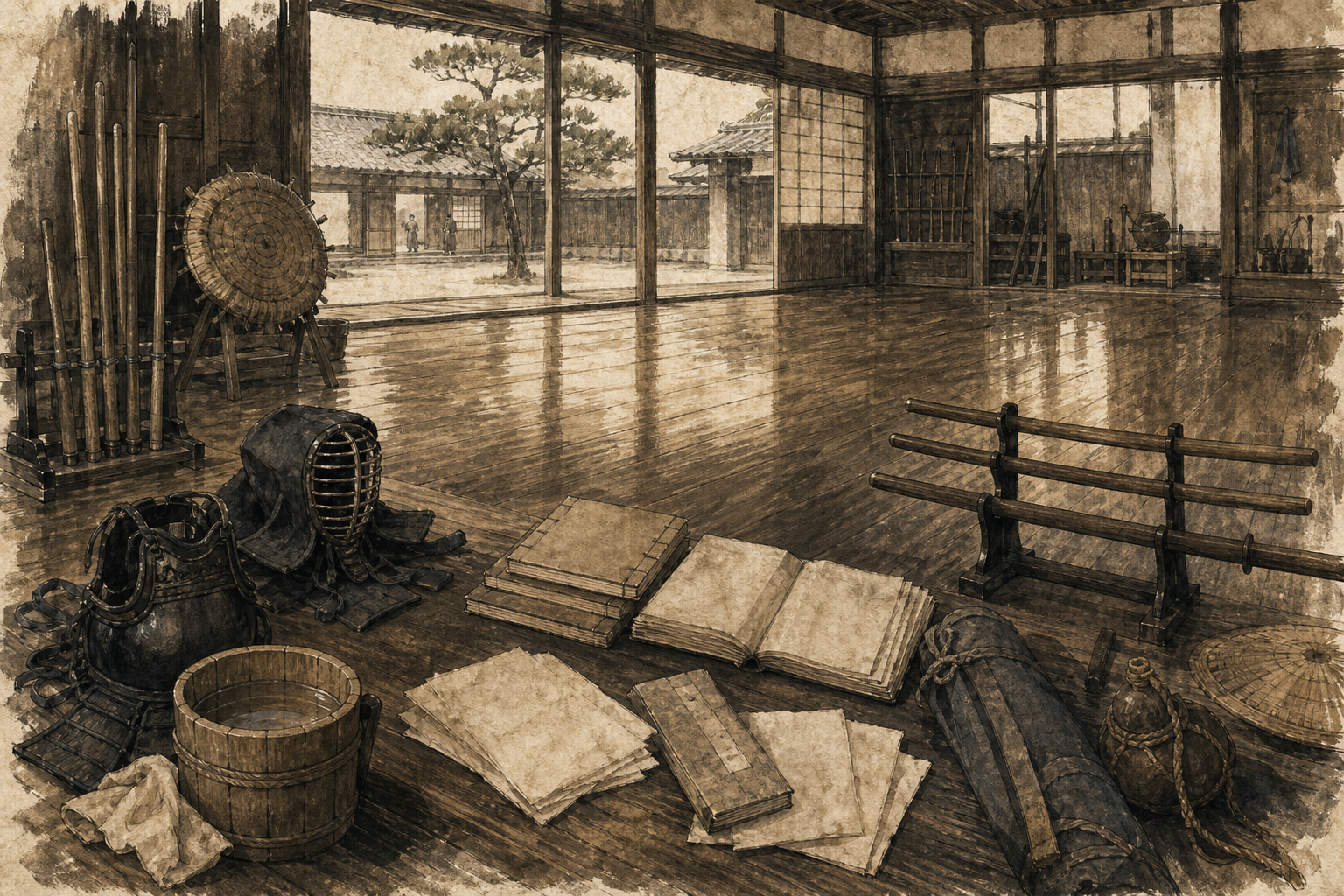 反復稽古が剣を政治暴力以前の技術として作るをイメージした墨絵