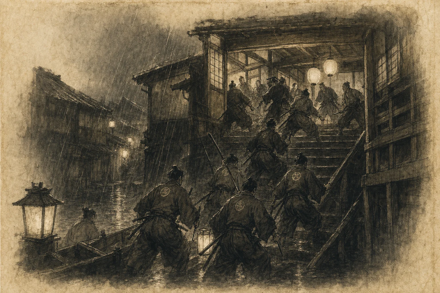 池田屋の階段をイメージした墨絵
