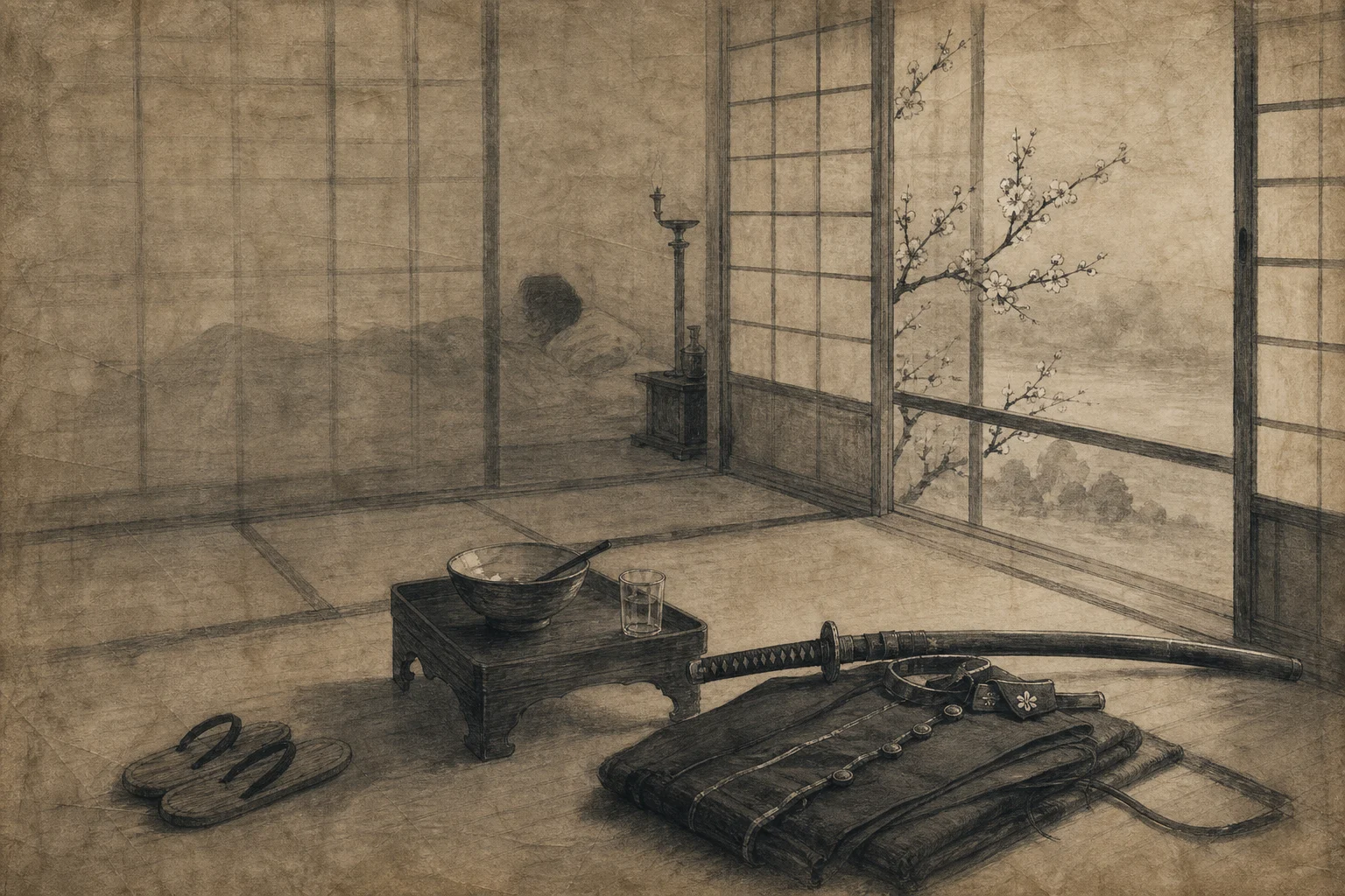 療養の道具をイメージした墨絵