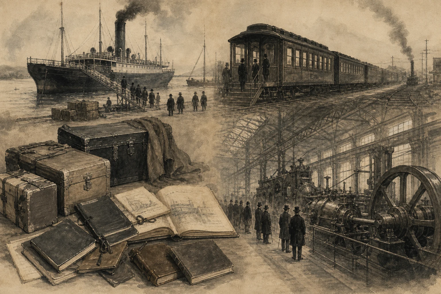 使節団の旅行鞄をイメージした墨絵