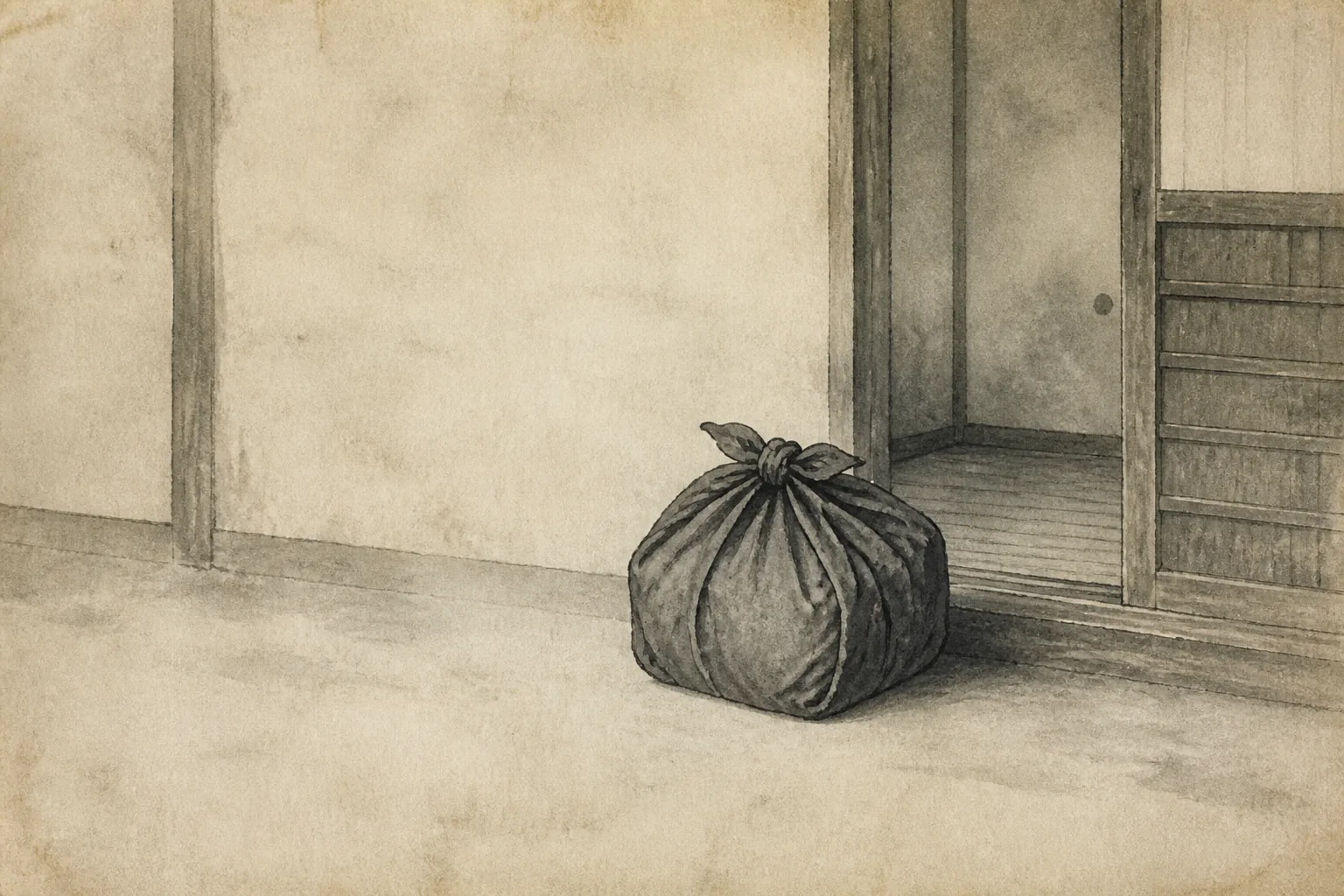 Before the roads close, a household must divide what can be carried from what remains ink painting