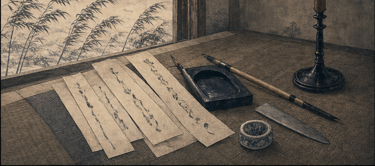 一首の歌が、自筆の証拠ではなく伝承の器を通って残るをイメージした墨絵