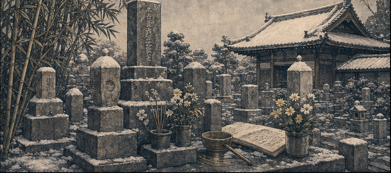 死の瞬間ではなく、墓と碑が記憶を整え直した時間を見るをイメージした墨絵