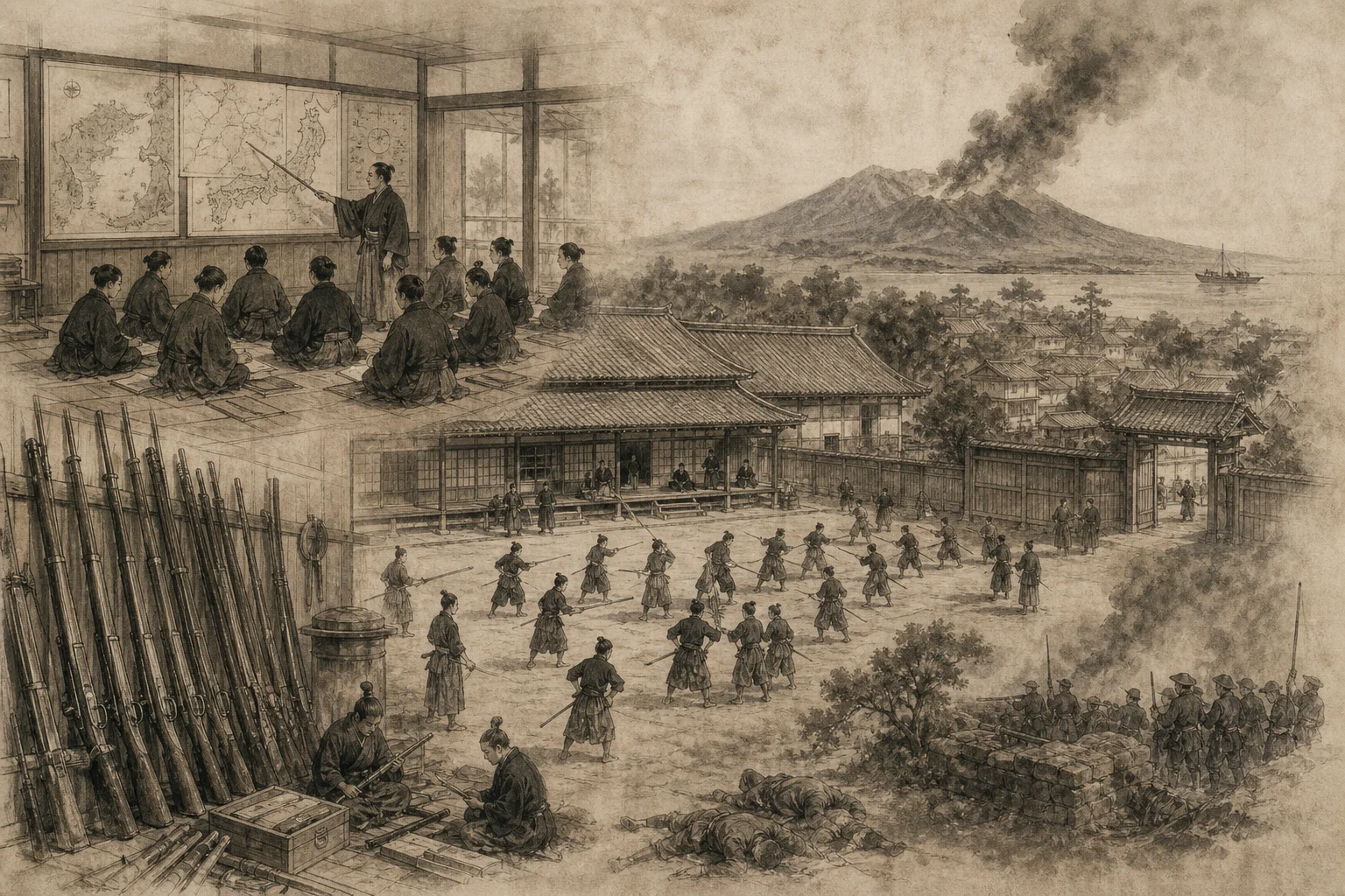 私学校をイメージした墨絵