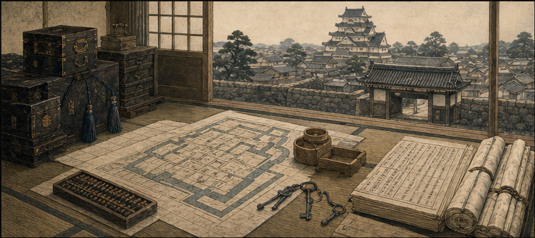 城の正面で、家格を文書・米・鍵の実務へ変えるをイメージした墨絵