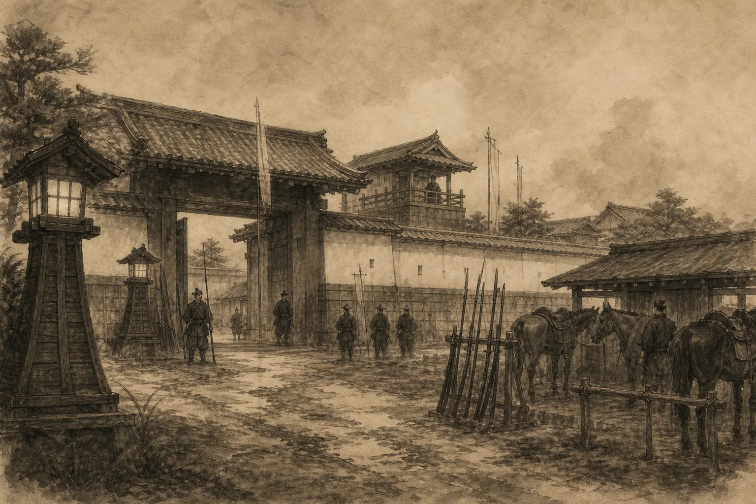 京都の治安任務を、名誉ではなく費用と兵力で測るをイメージした墨絵