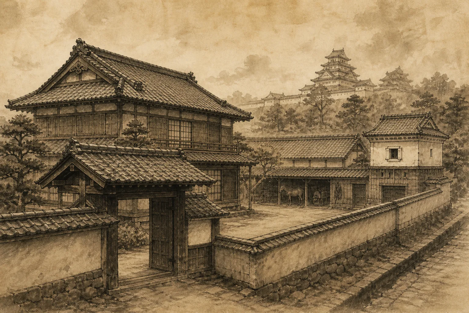 城の正面で、家格を文書・米・鍵の実務へ変えるをイメージした墨絵