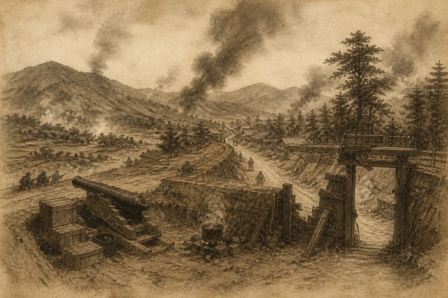 戦線の崩れを、地形・伝令・糧食の遅れから読むをイメージした墨絵