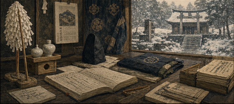 保科近悳として、旧主従と明治の神社制度を文書で結ぶをイメージした墨絵