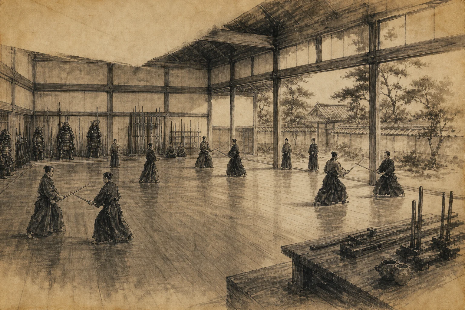 江戸の剣術道場をイメージした墨絵