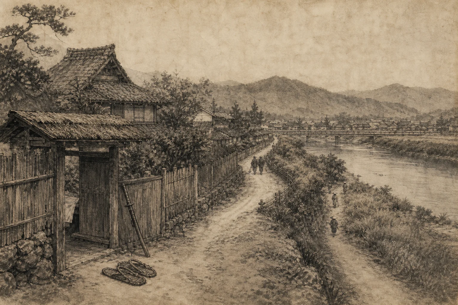 郷士身分と土佐の町をイメージした墨絵