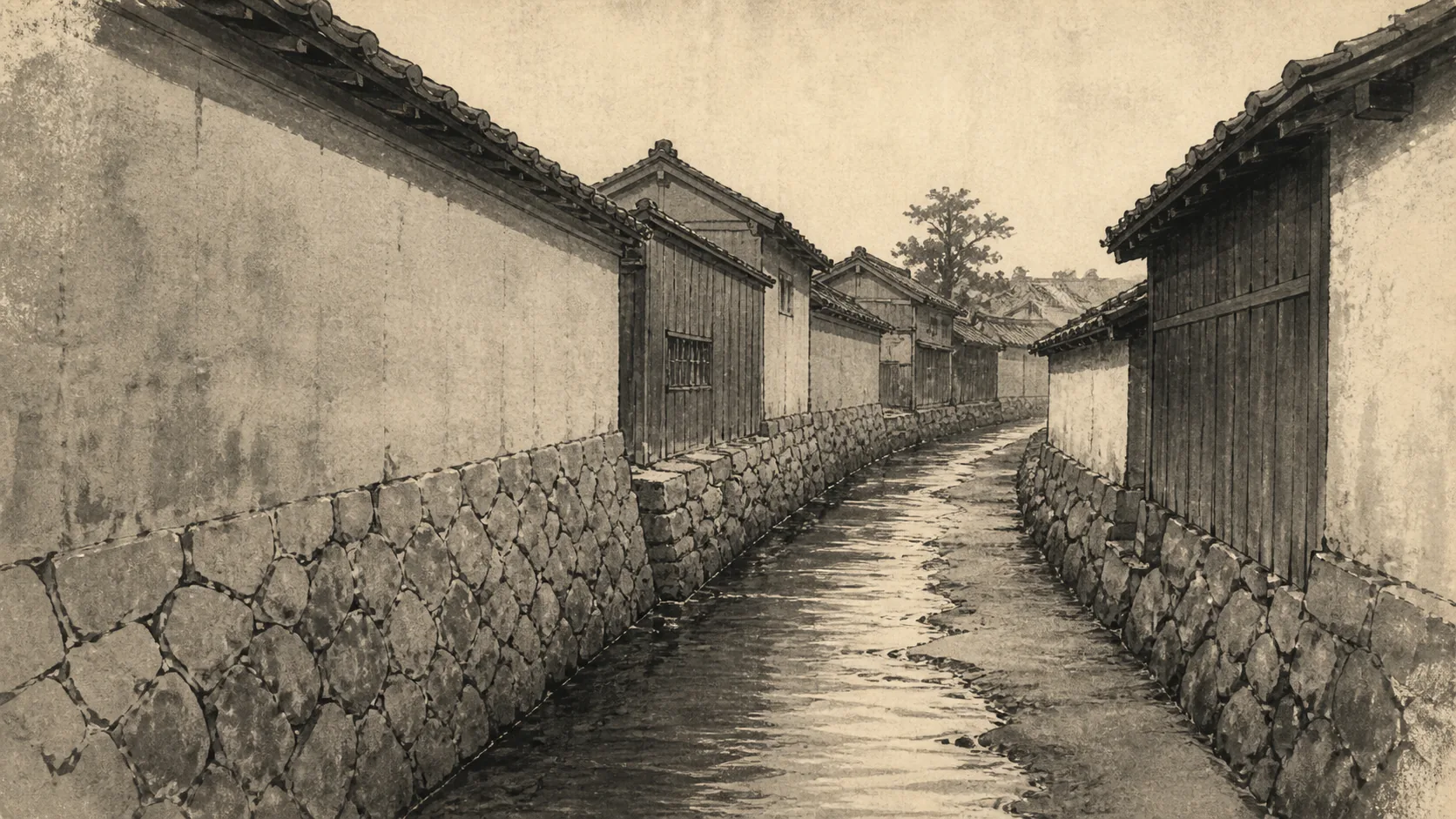 郷士身分と土佐の町をイメージした墨絵