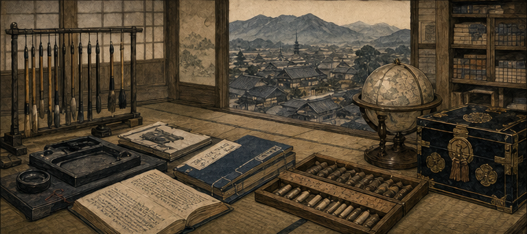 藩文書を書く家で、古典の語と数量を同じ机に置くをイメージした墨絵