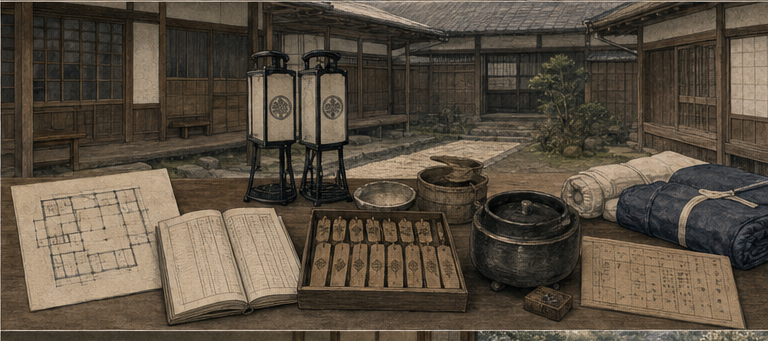 郷士宅を、宿舎・台所・詰所・巡察拠点へ作り替えるをイメージした墨絵
