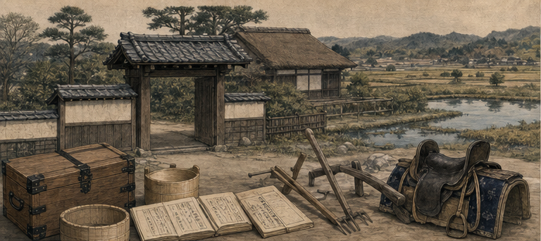 霞ヶ浦北岸の家と土地を、門・帳面・農具から見るをイメージした墨絵