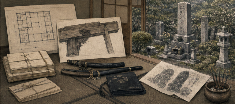 死亡場面ではなく、部屋の痕跡と墓が語りを固定した過程を見るをイメージした墨絵