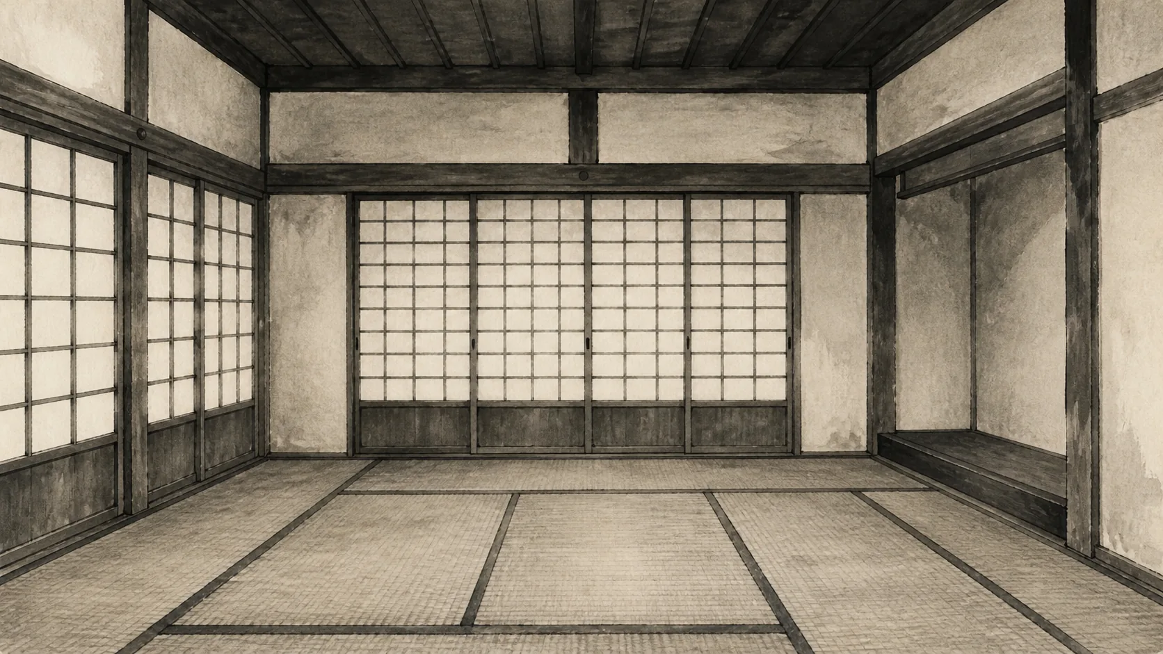 A fifty-two-koku goshi household appears through accounts, tools, and garden space ink painting