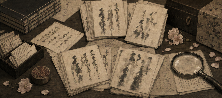 一つの句を、八重という名へ遡る写本・引用・刊行の鎖として読むをイメージした墨絵