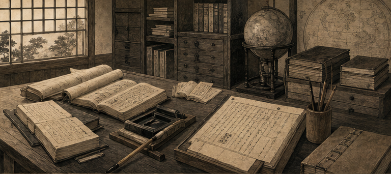 漢籍を読む机が、郷校の教育と政治討論の場へつながるをイメージした墨絵