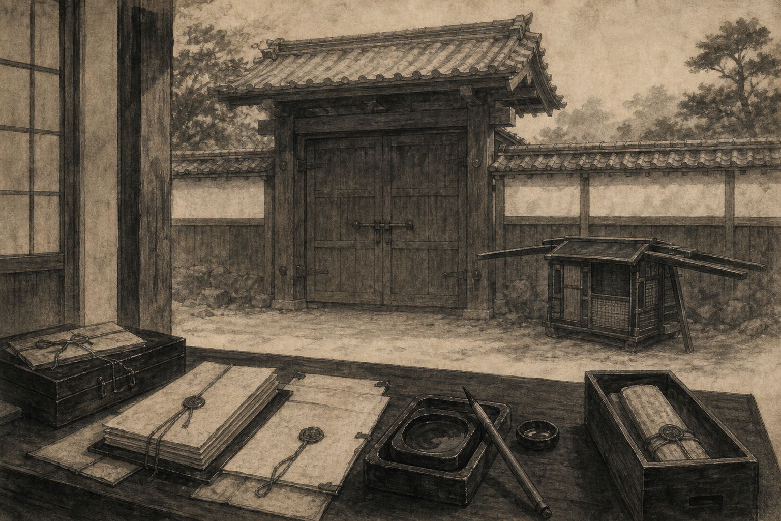 藩邸の閉ざされた門をイメージした墨絵
