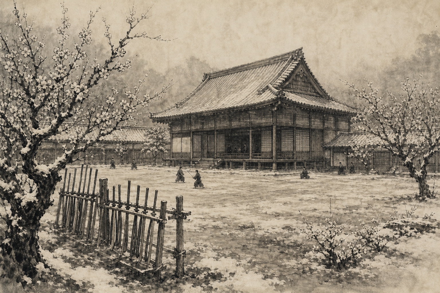 弘道館の正庁をイメージした墨絵