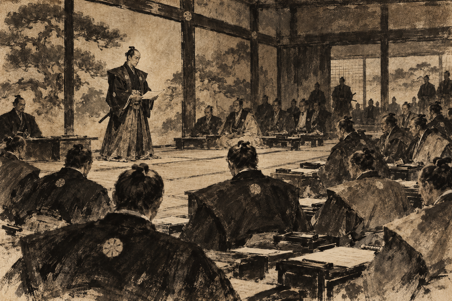 Presenting the Restoration Plan at Nijo ink painting