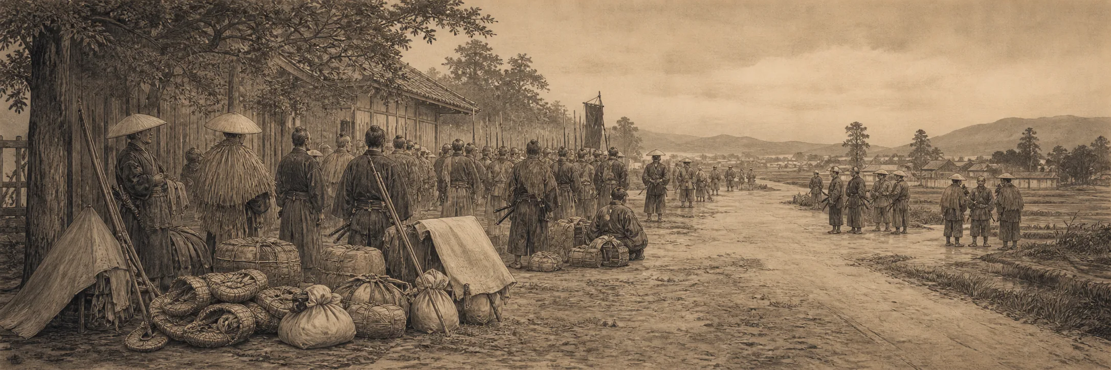 Yamakuni’s force begins at Yoshida in July, not at the original March gathering on Tsukuba ink painting