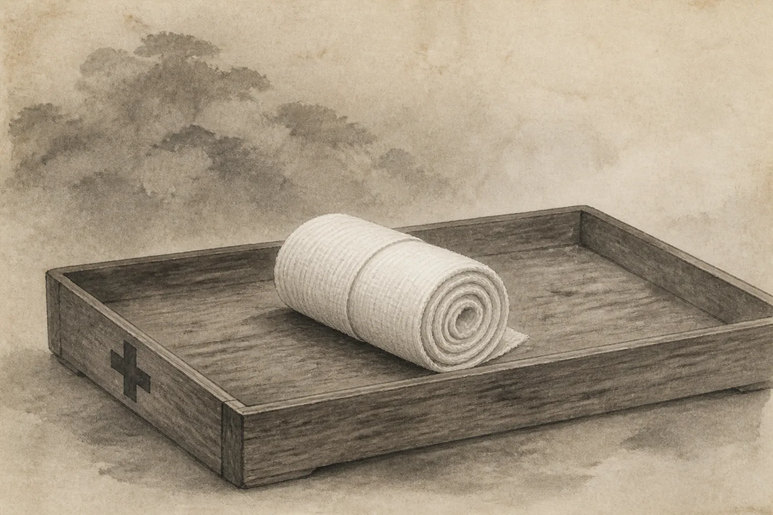 『日本のナイチンゲール』という称号を、勤務表と看護用品の具体へ戻すをイメージした墨絵