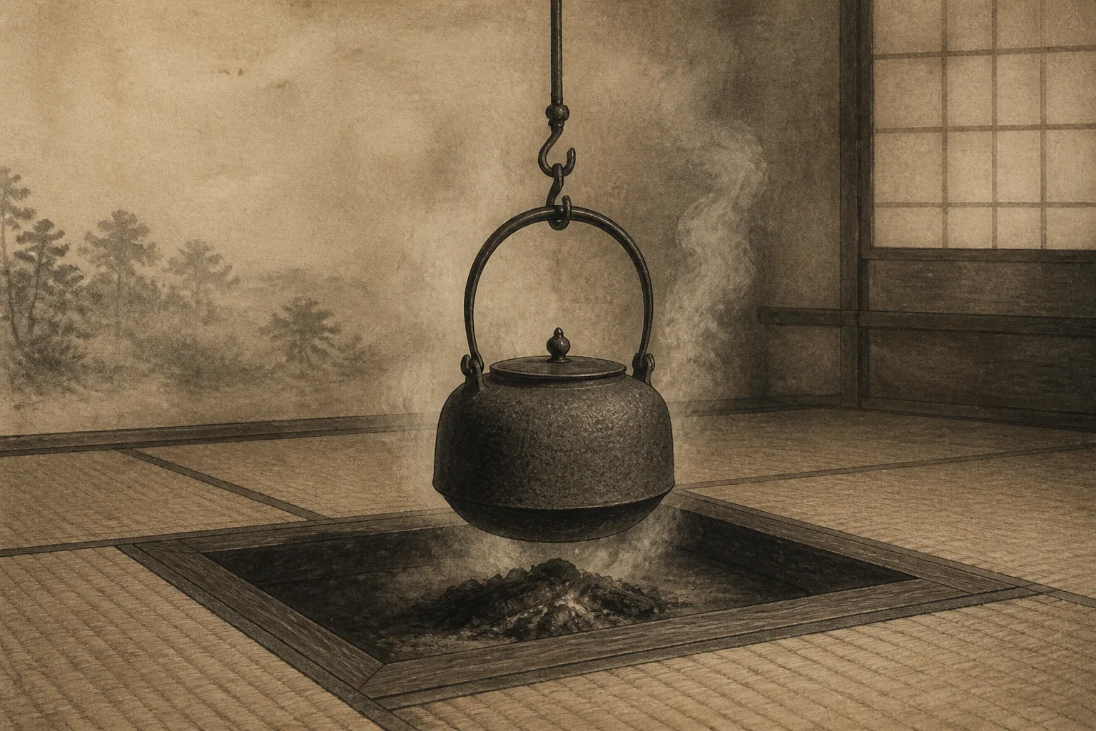 晩年の茶室を、余生の趣味ではなく人と思想が交わる応接の場として読むをイメージした墨絵