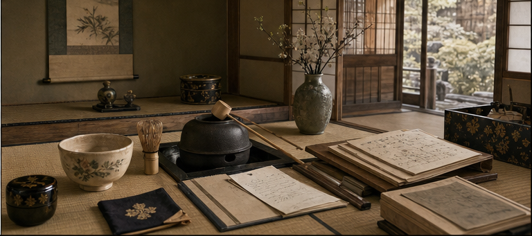 晩年の茶室を、余生の趣味ではなく人と思想が交わる応接の場として読むをイメージした墨絵