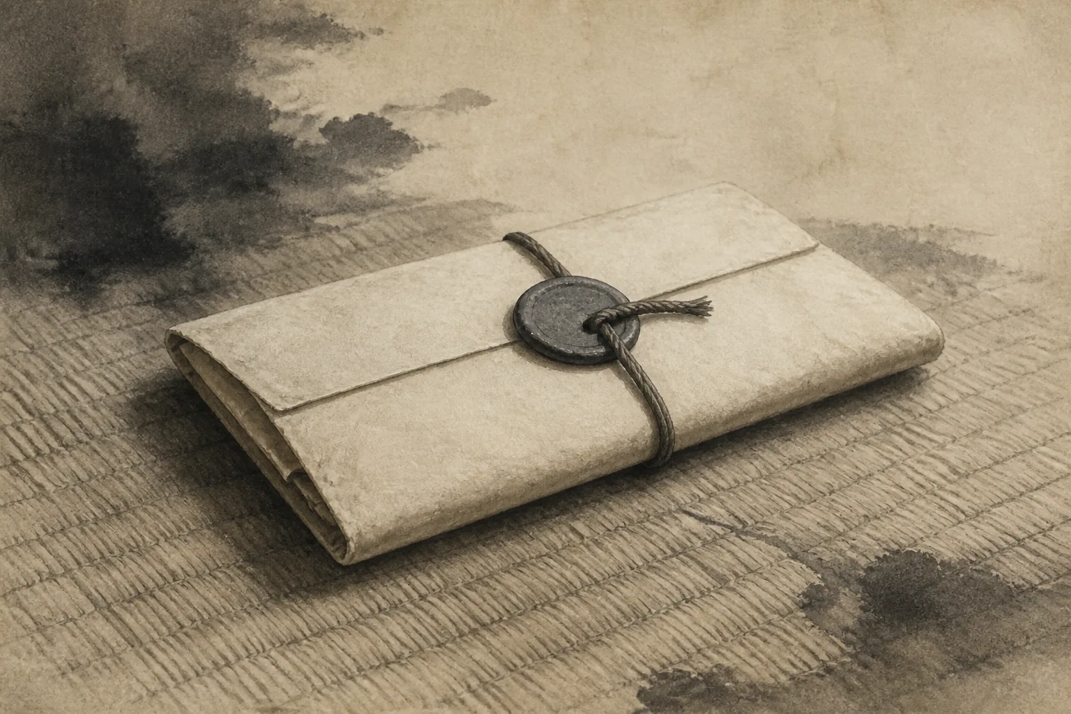 無血開城の前段を、封書、条件案、道中、会談場所の照合から読むをイメージした墨絵
