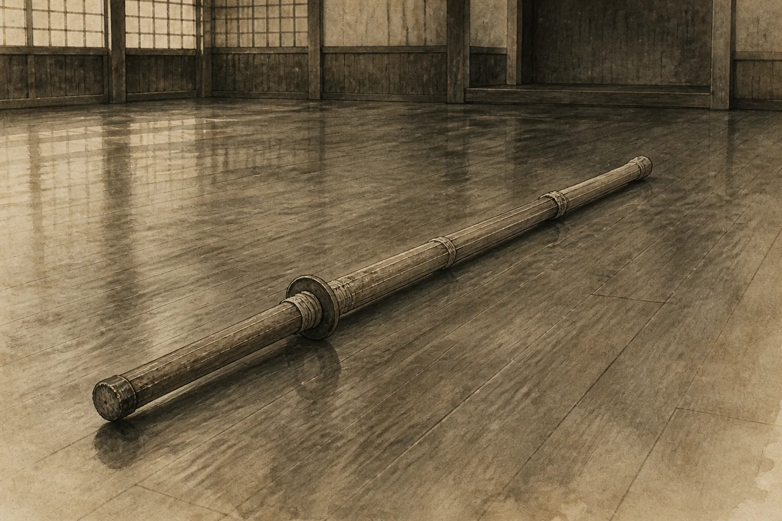 剣豪像を、講武所の道場設備、出席、役職、手入れへ戻すをイメージした墨絵