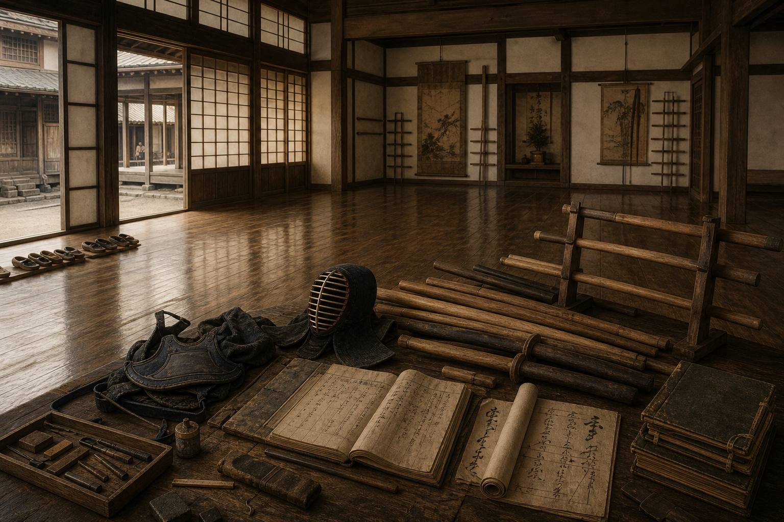 無刀流を精神論だけにせず、稽古具、課程、門人、道場運営から確かめるをイメージした墨絵