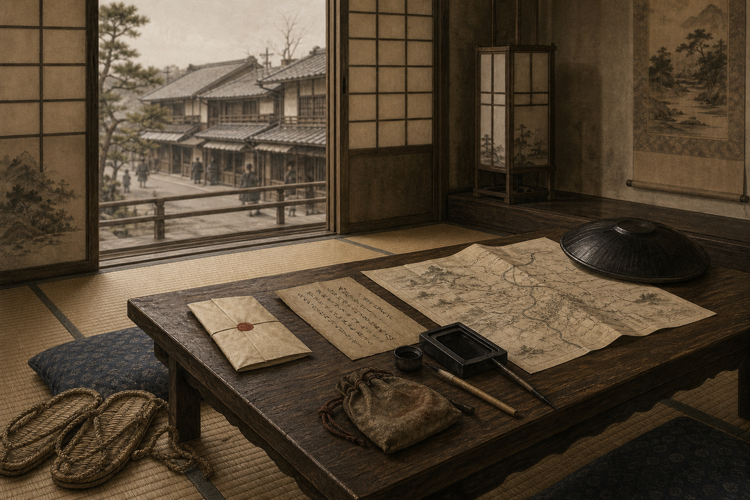 無血開城の前段を、封書、条件案、道中、会談場所の照合から読むをイメージした墨絵