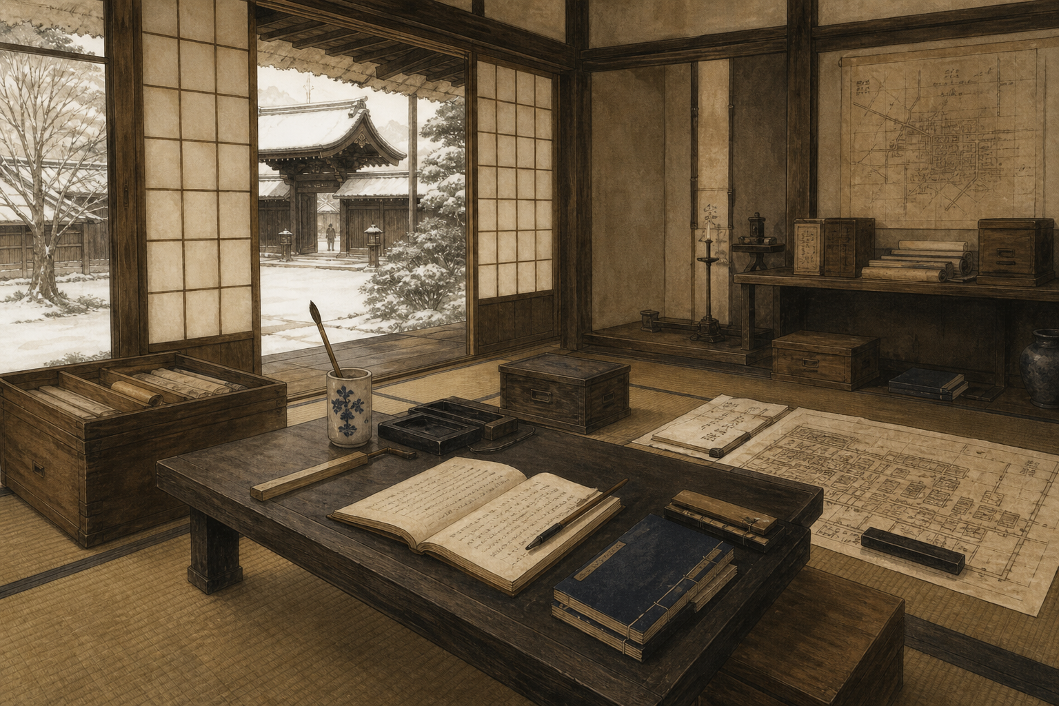 雪の陣屋に、郡代の行政文書と少年の手習いが同居するをイメージした墨絵
