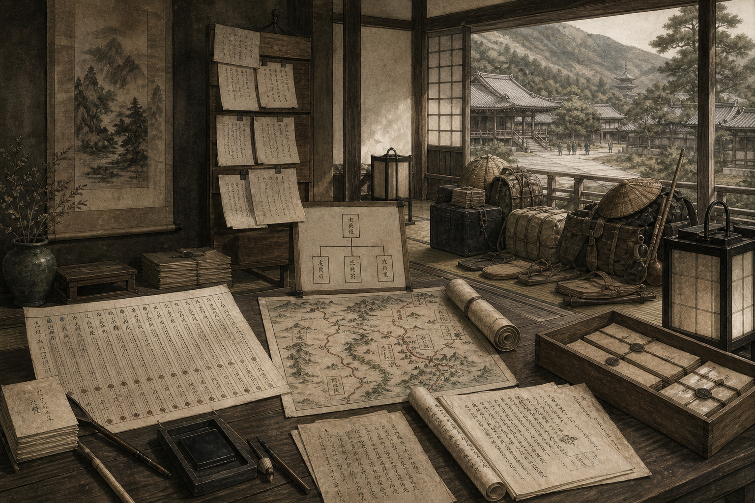 方広寺の結成を、約四十人の名簿、役職、命令系統、未完の計画から読み直すをイメージした墨絵
