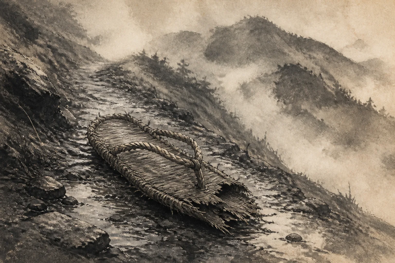 Replace a battle spectacle with a wounded body, diminishing food, mountain routes, separation, and conflicting testimony ink painting