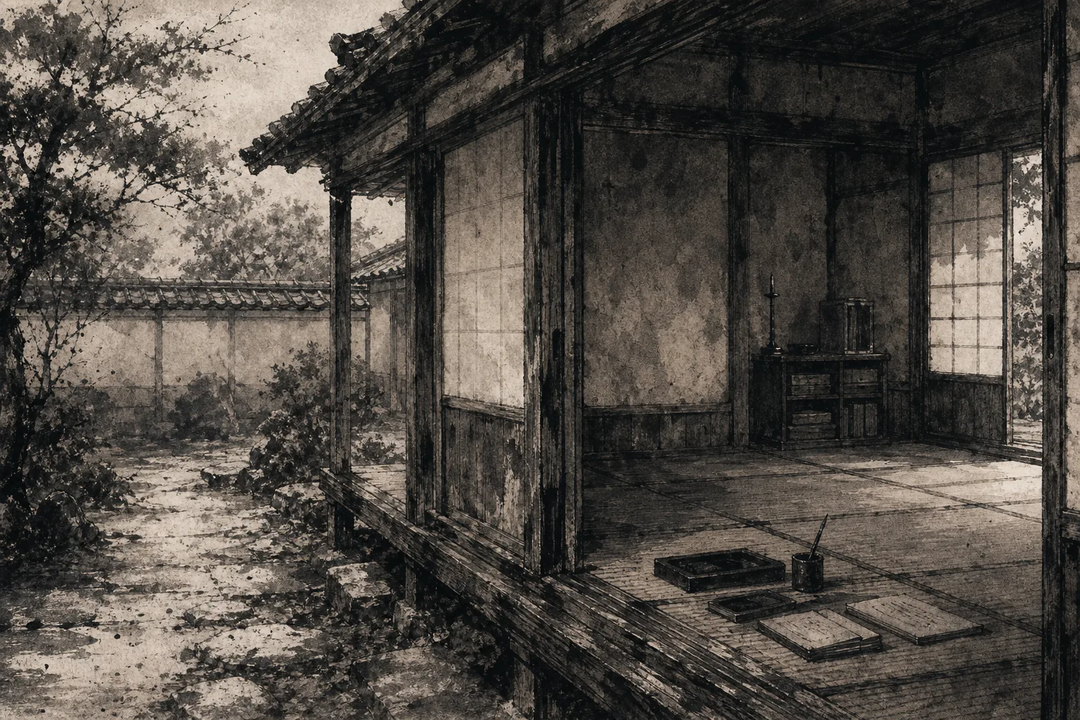 萩・松下村塾の墨絵