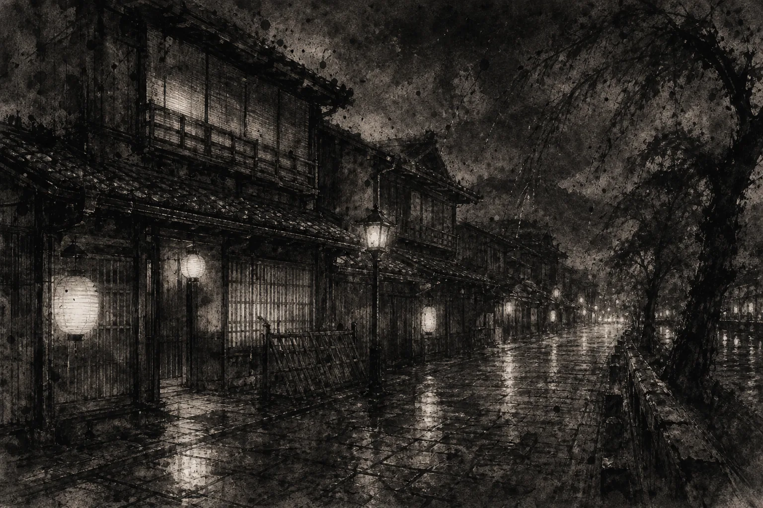 京都・池田屋跡の墨絵