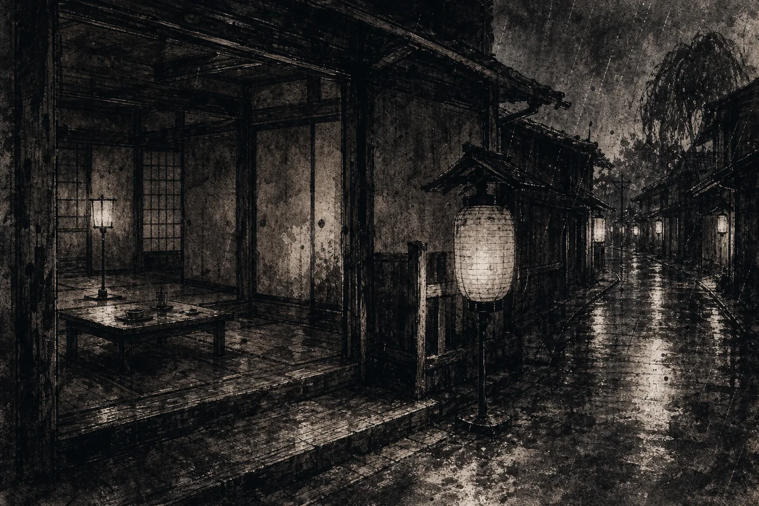 京都・近江屋跡の墨絵